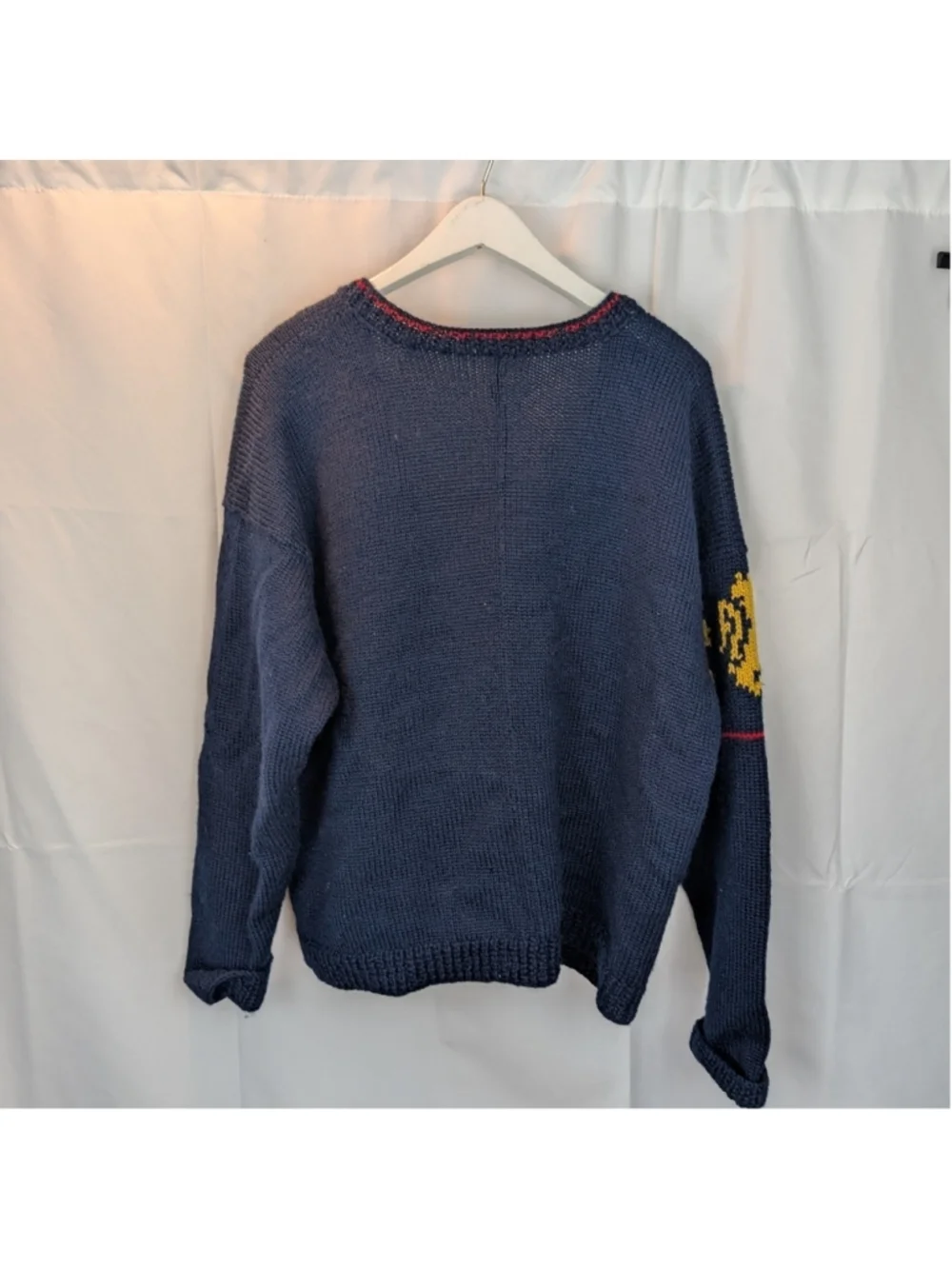 Handmade Wool Navy Cardigan with Yellow Lion Accents Size L In VGUC